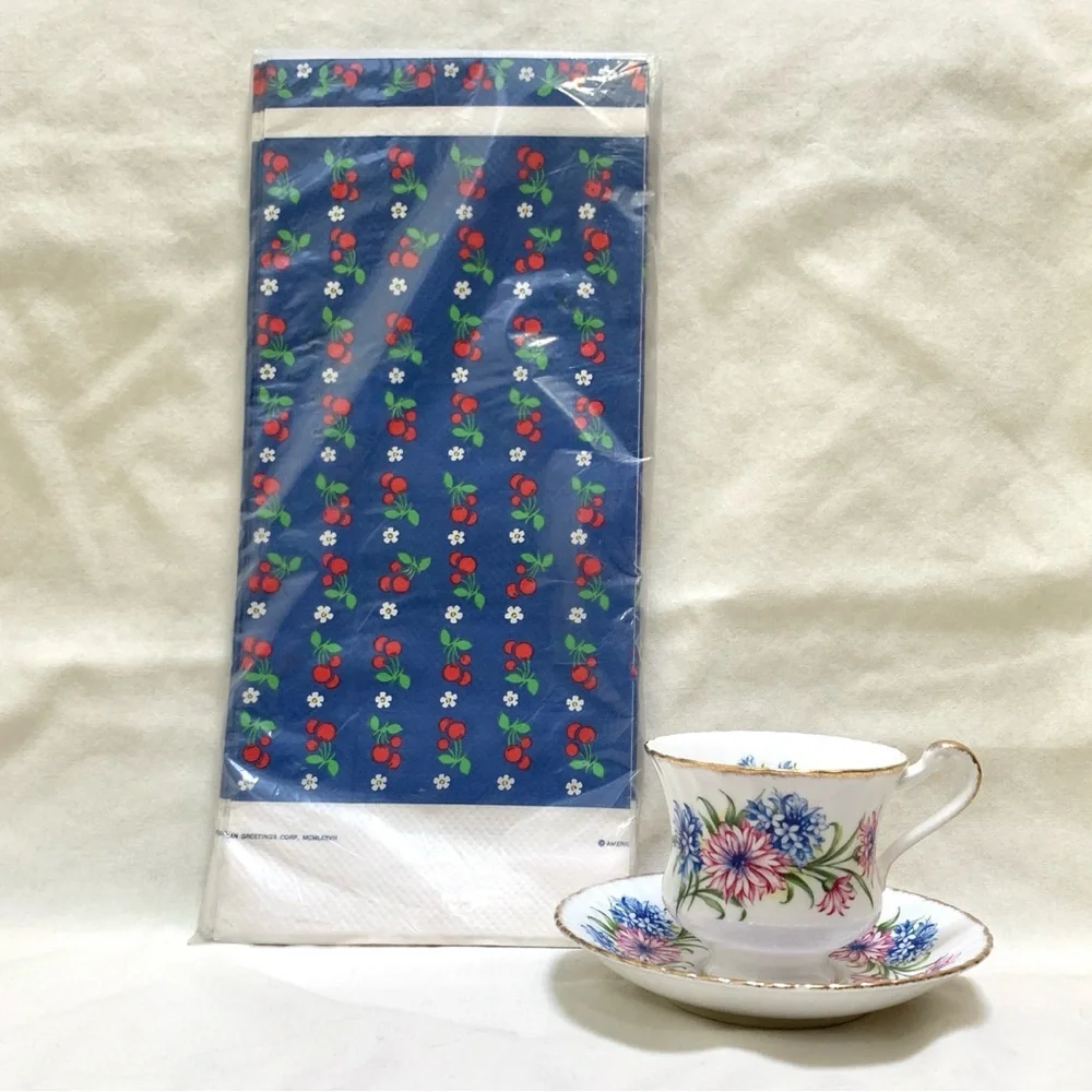 1970s blue tablecover with red cherries white daisies print by Party Maid